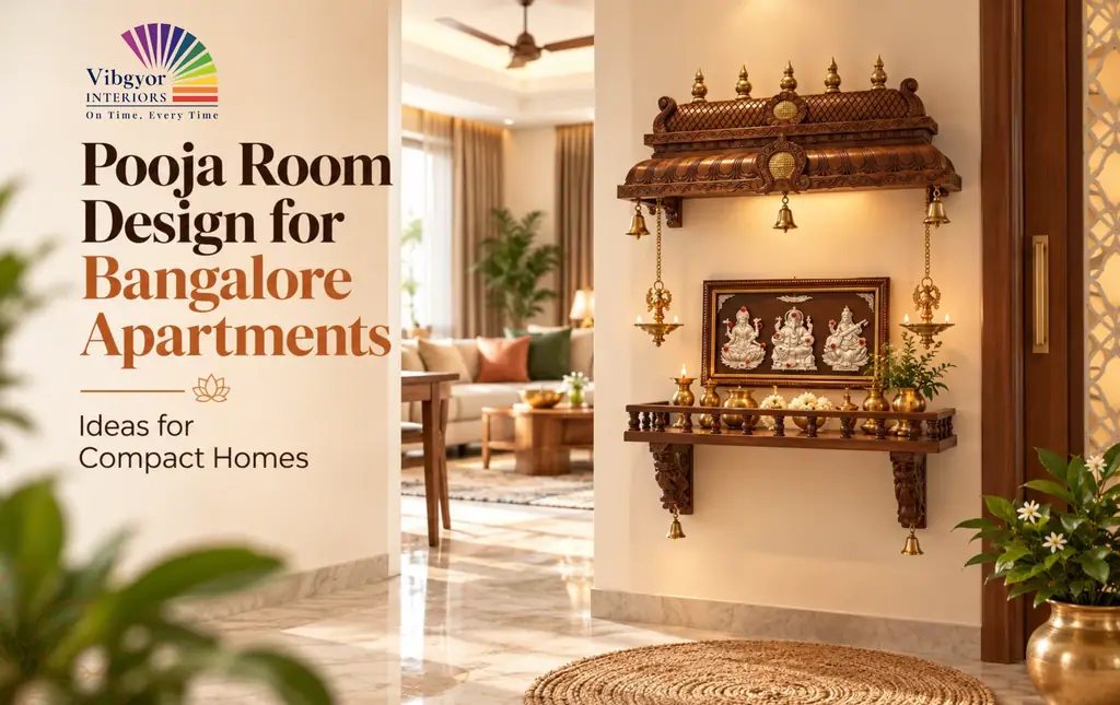 Pooja room design for Bangalore apartments: wall-mounted carved wooden mandir with brass bells and diyas in a compact living room